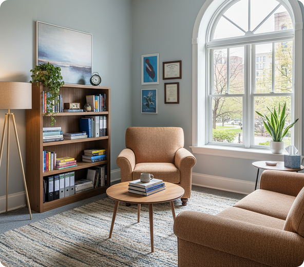 Ambiente de consultório de terapia acolhedor e bem iluminado